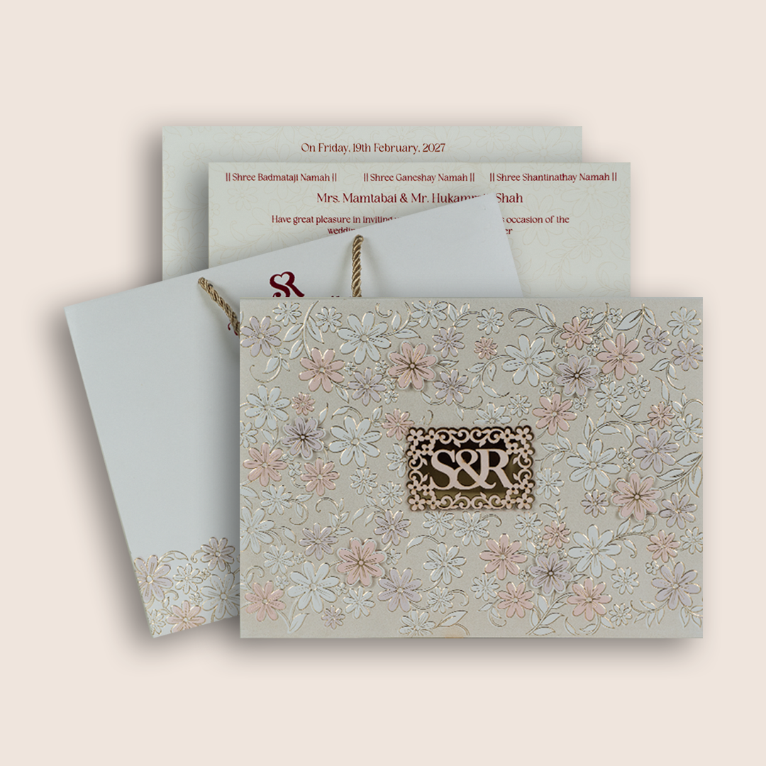 White Embossed Floral Premium Wedding Invitation Box - KSI33220