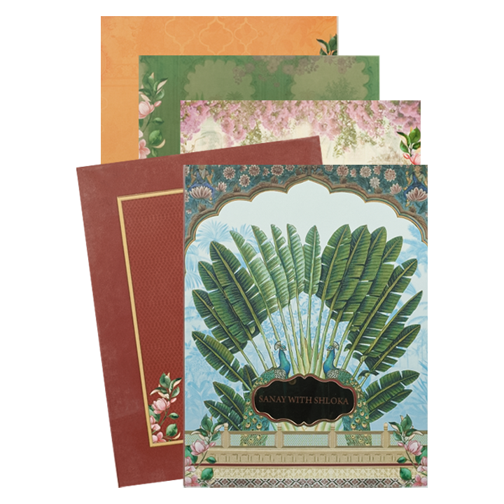 Maroon Green Leaf Padded Wedding Card-KBM05230