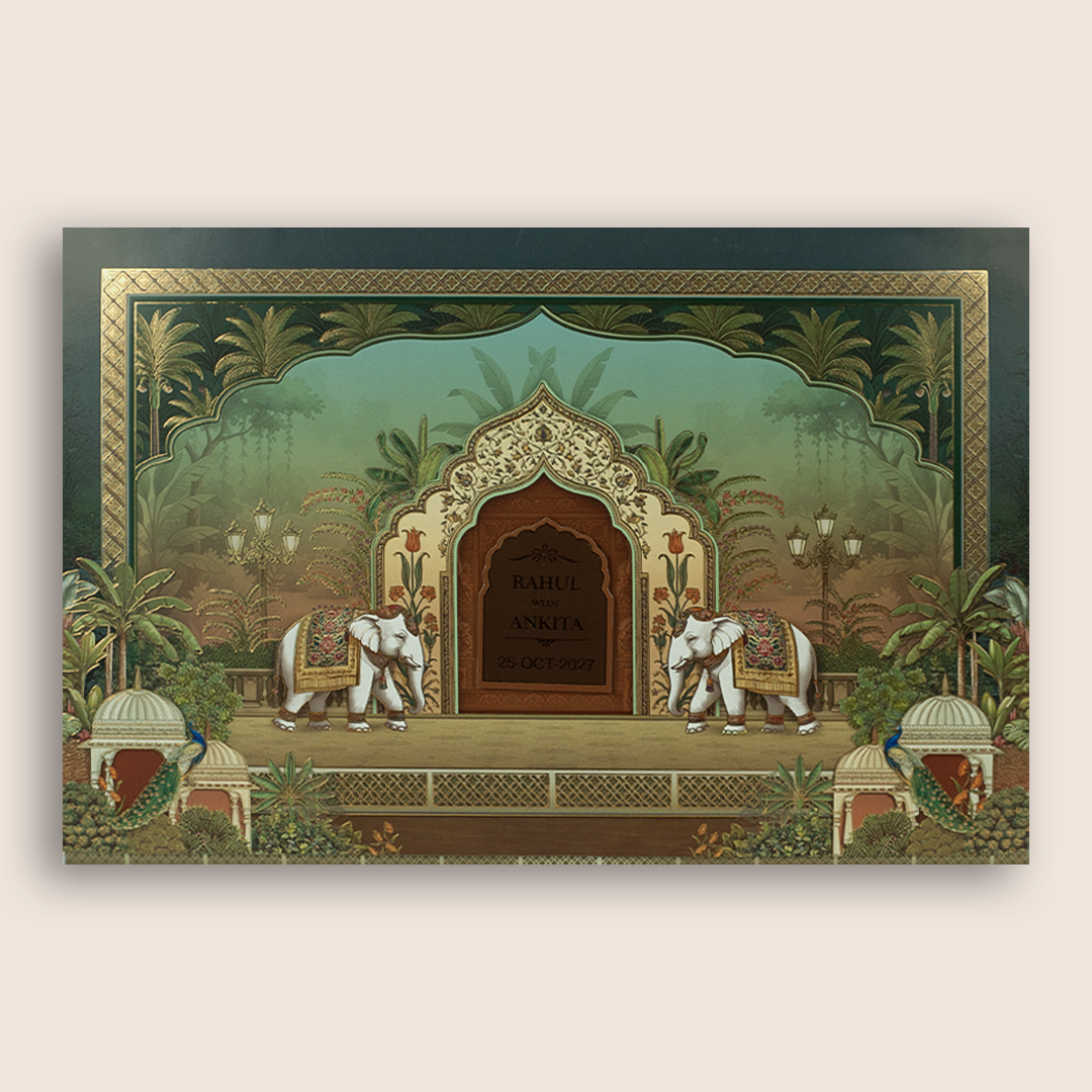 Green Royal Elephant Jharokha Wedding Invitation - KSH19000