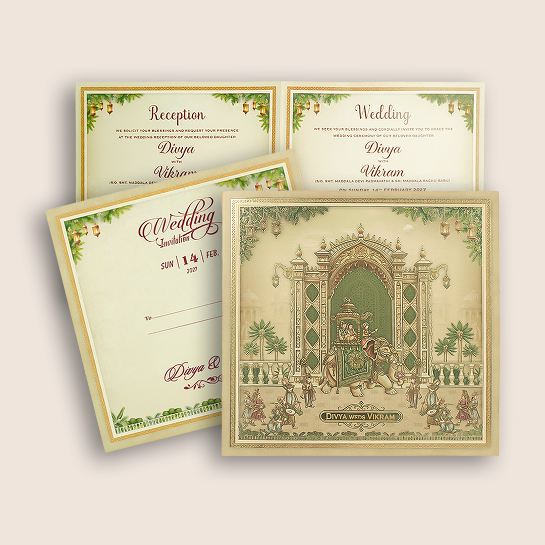 Beige Royal Elephant Palace Wedding Card - KNKD8116
