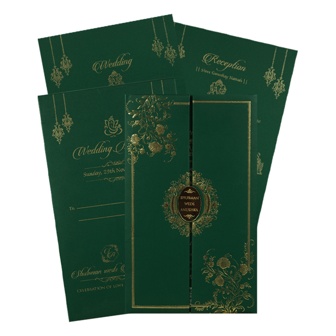 Green Gold Floral Padded Wedding Card-KRB09340