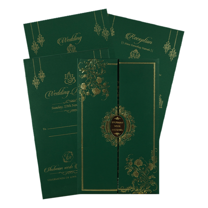 Green Gold Floral Padded Wedding Card-KRB09340