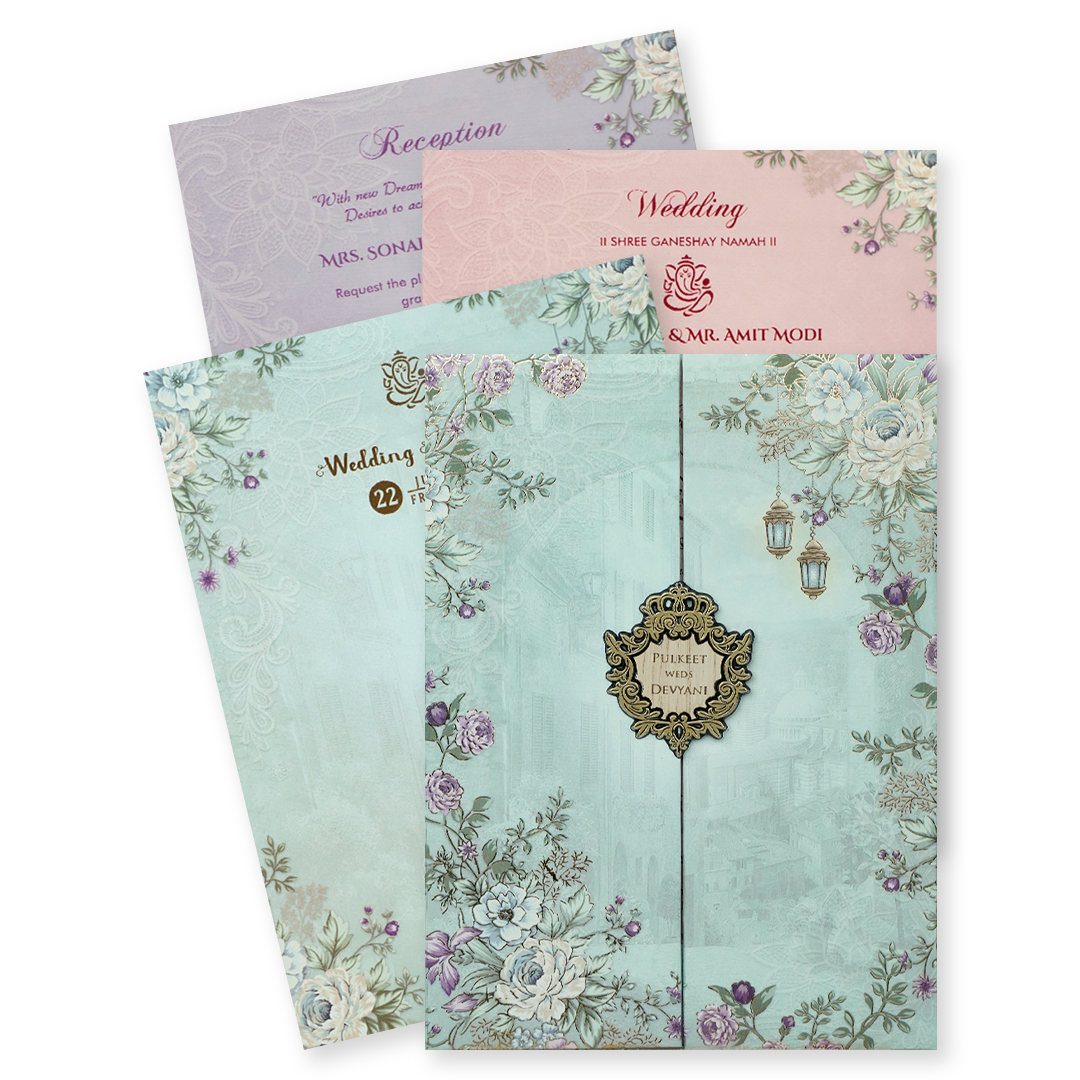 Blue Floral Lantern Padded Wedding Card-KJTS1833