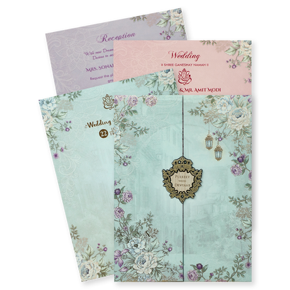 Blue Floral Lantern Padded Wedding Card-KJTS1833