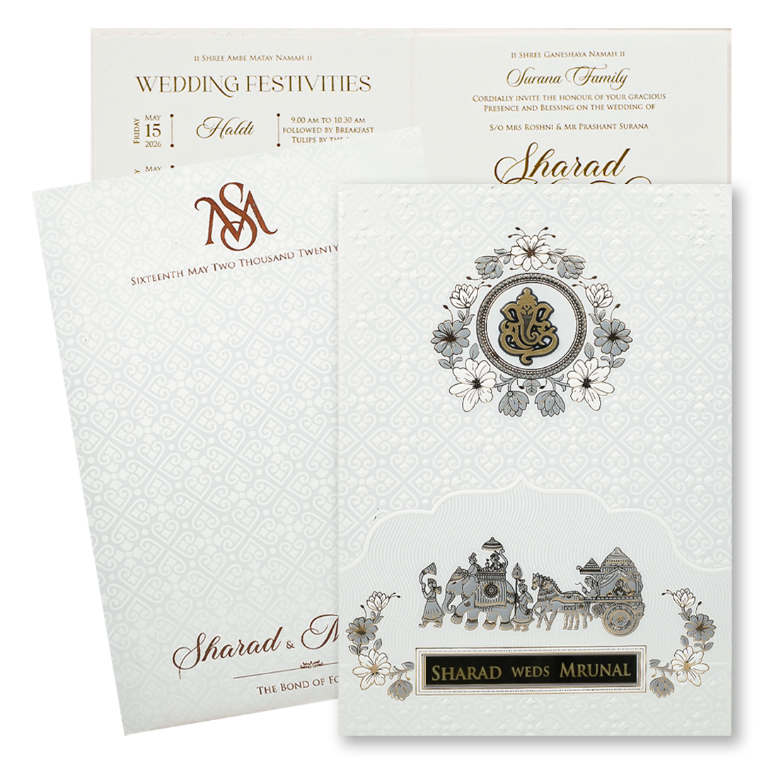 White Embossed Floral Wedding card-KRE28670