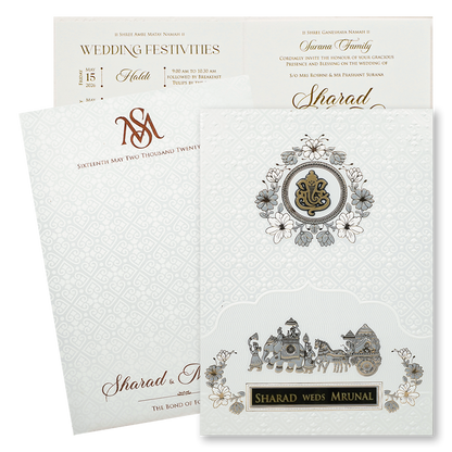 White Embossed Floral Wedding card-KRE28670