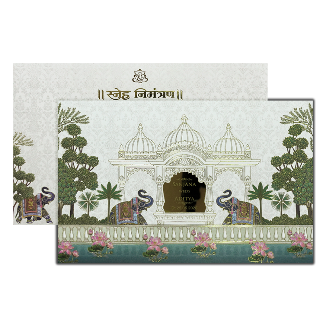 White Palace Elephant Floral Padded Wedding Card-KSH72040