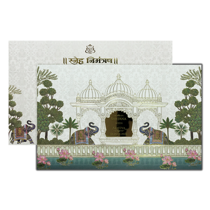 White Palace Elephant Floral Padded Wedding Card-KSH72040