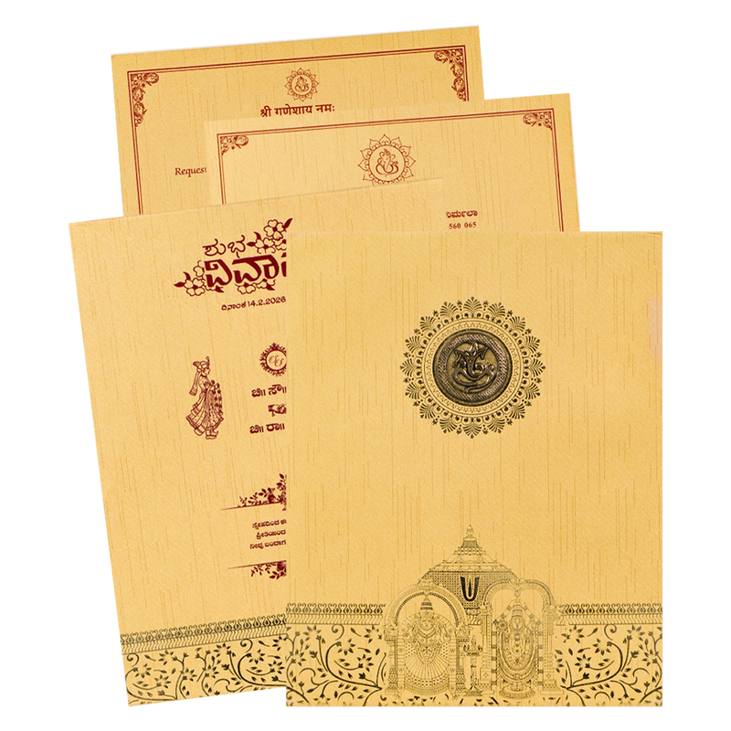 Gold Temple God Padded Wedding Card-KNM9318G