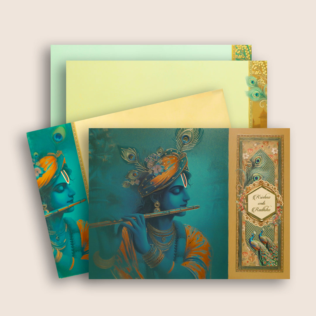 Blue Lord Krishna Door Style Wedding Card - KAA05430