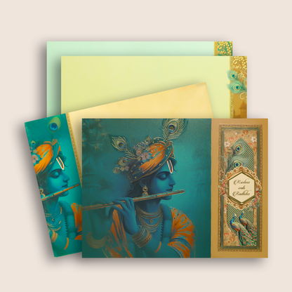Blue Lord Krishna Door Style Wedding Card - KAA05430