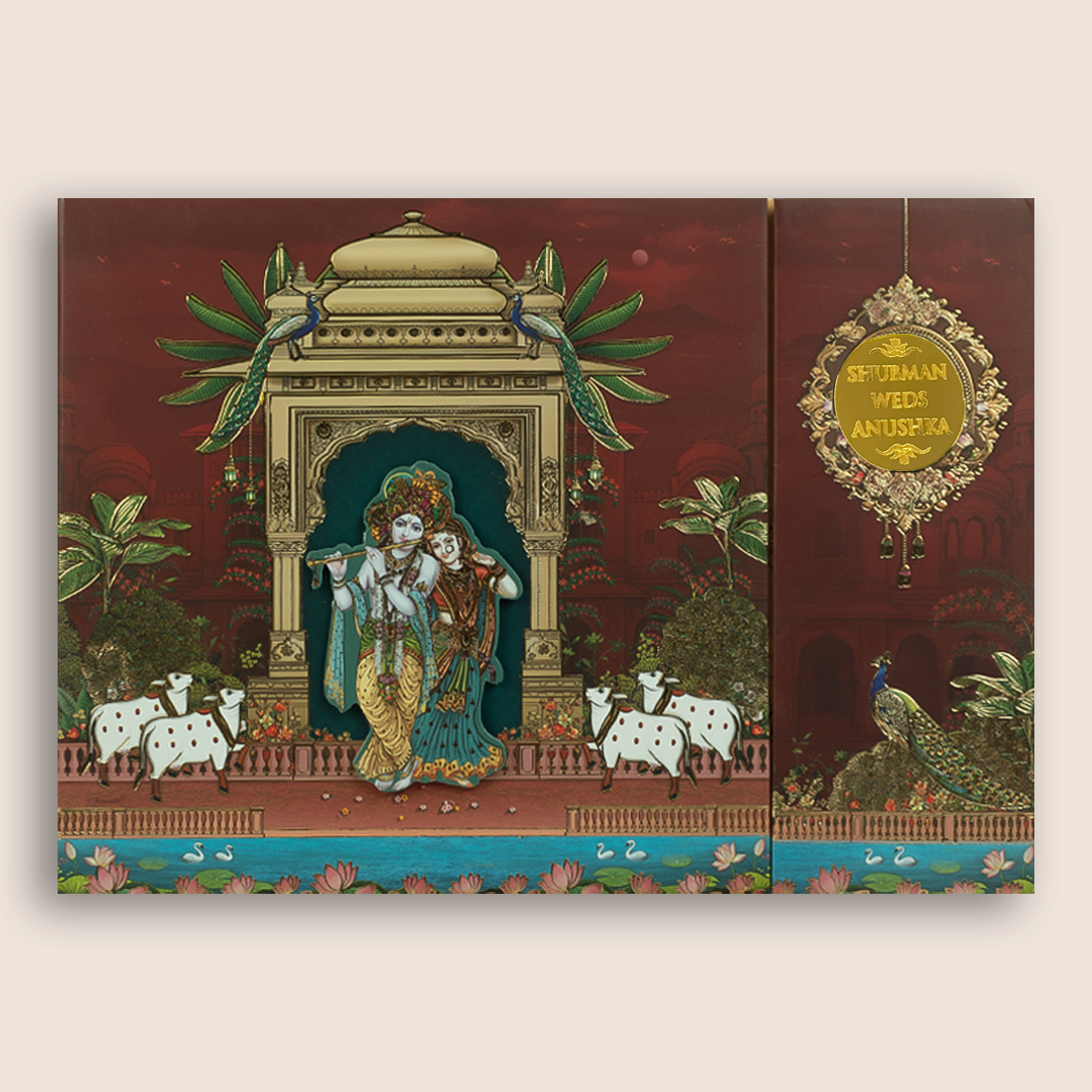 Maroon Lord Radha Krishna Door Style Padded Wedding Invitation - KRB10600
