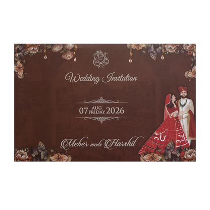 Maroon Couple Floral Padded Wedding Invitation Card -KVN07420