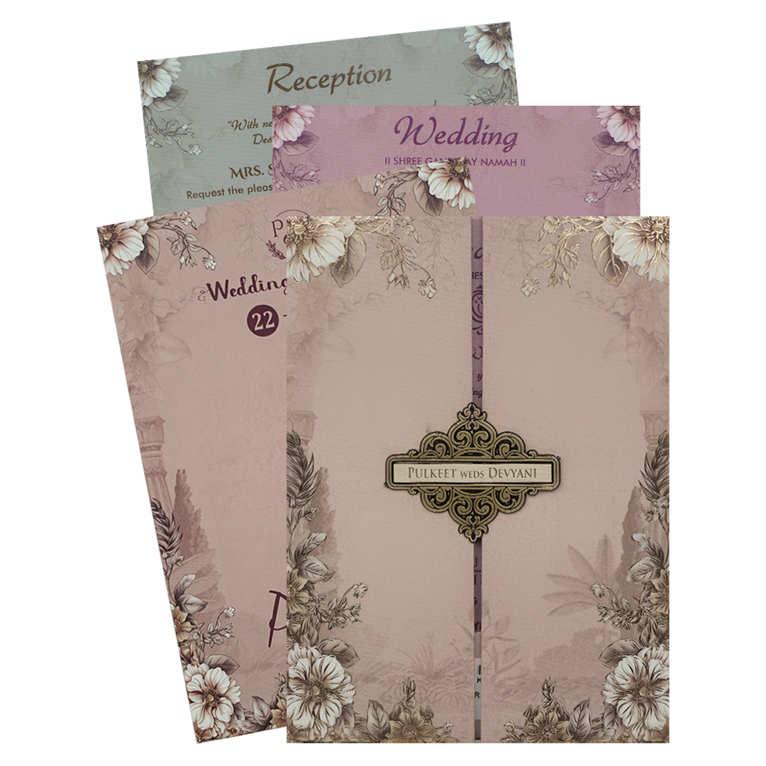 Pastel Brown Floral Door Style Padded Wedding Card - KJTS1822