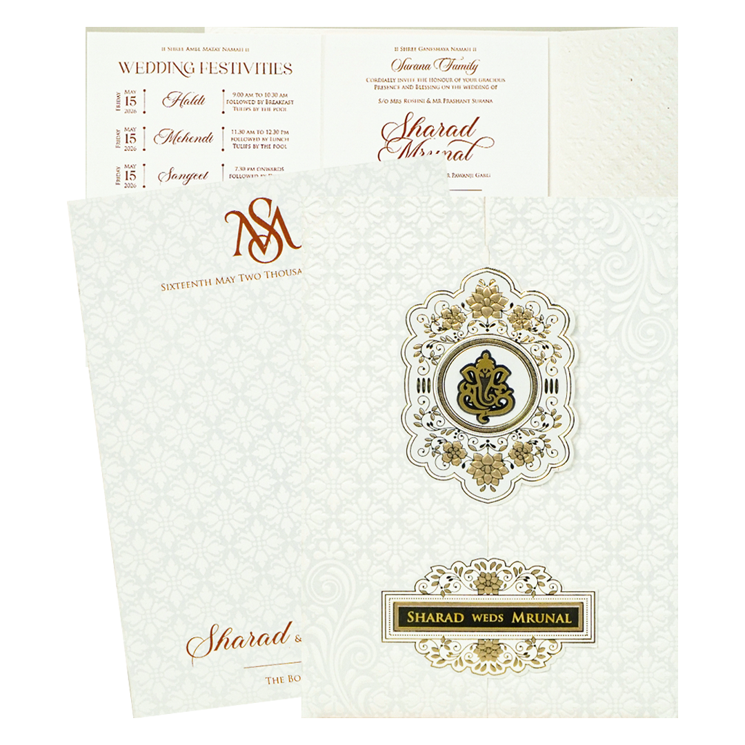 White Embossed Monogram Floral Wedding card-KRE28680