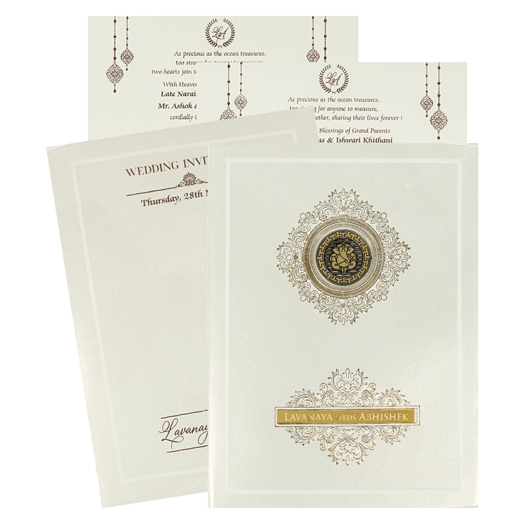White Ganesha Medallion Floral Padded Wedding Card-KRE26300