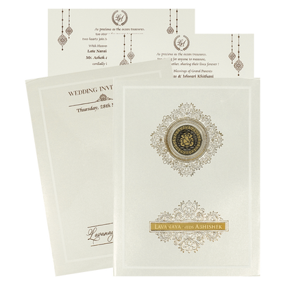 White Ganesha Medallion Floral Padded Wedding Card-KRE26300
