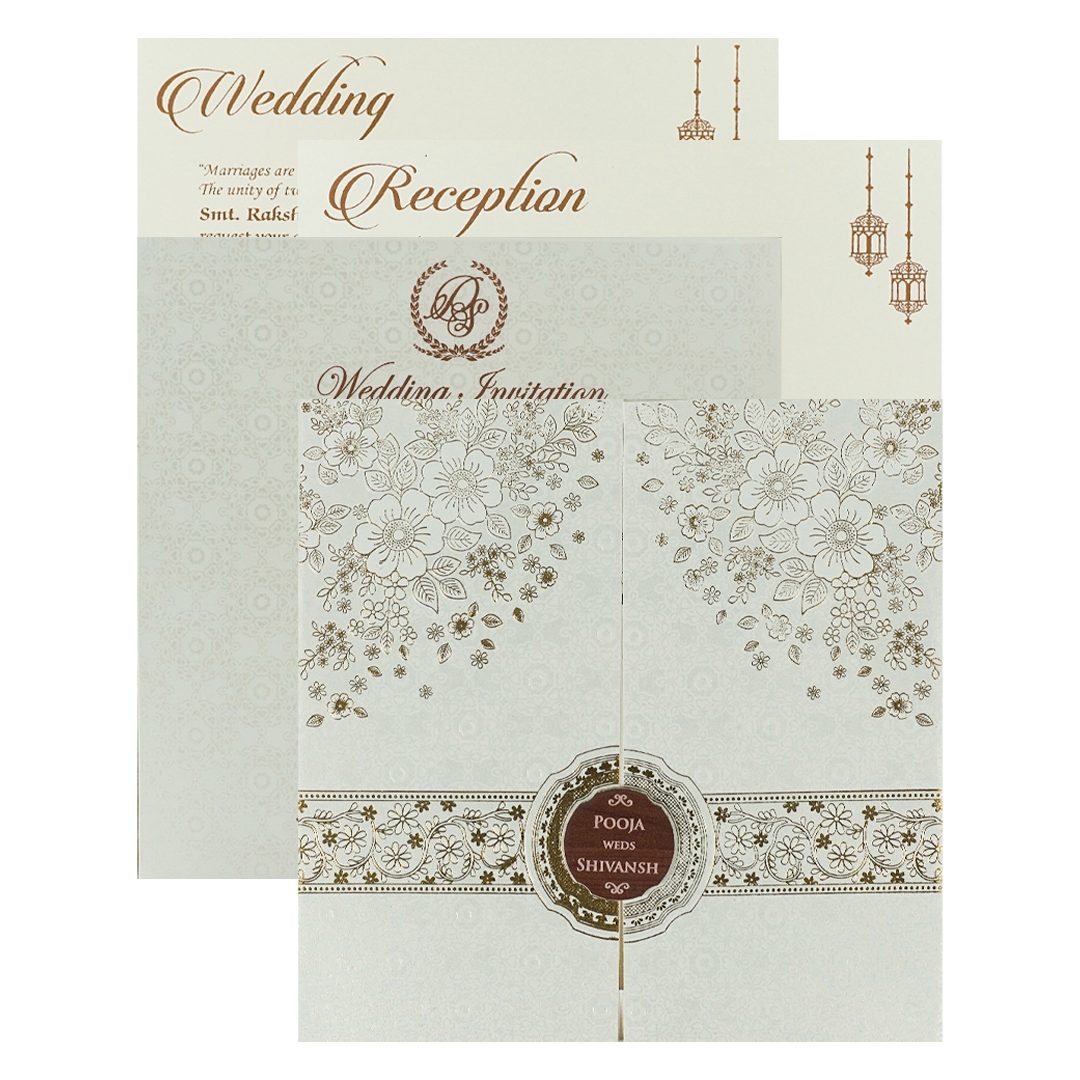 White Floral Gold Band Medallion Wedding Card-KRE27010