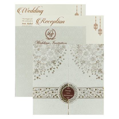 White Floral Gold Band Medallion Wedding Card-KRE27010