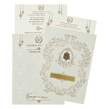 White Ganesha Floral Border Padded Wedding Card-KRE26410