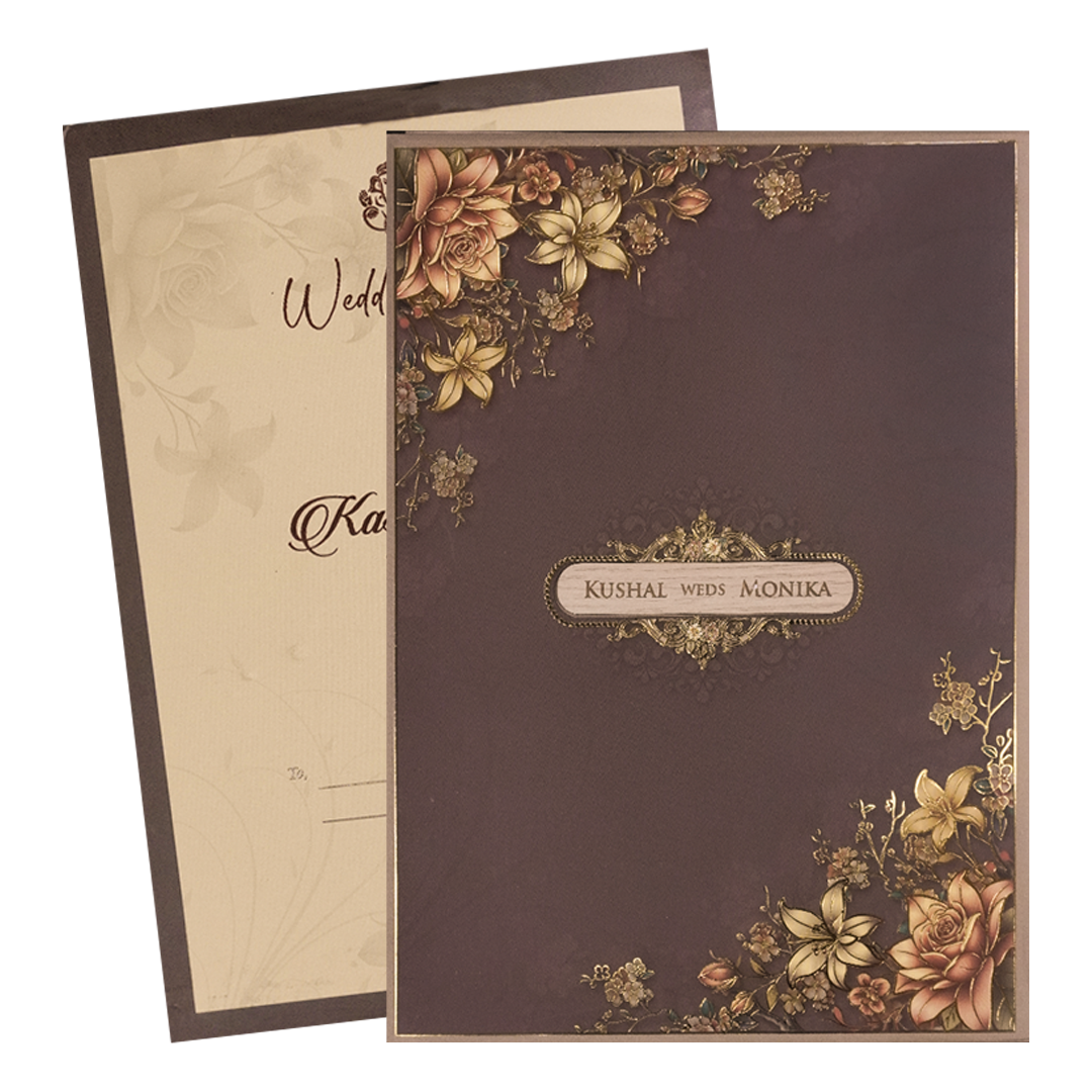 Brown Floral Padded Wedding Card-KSH72520