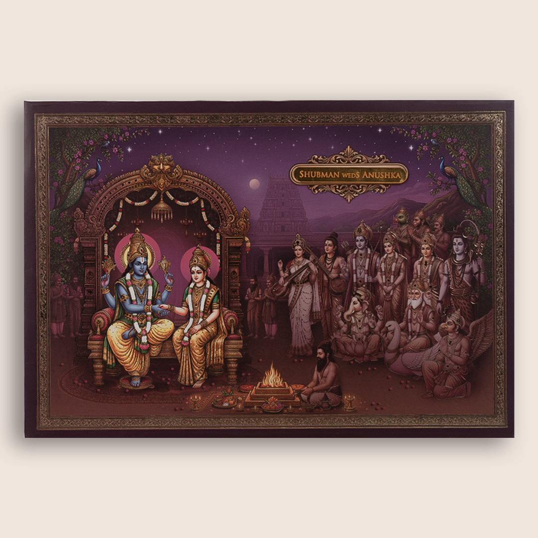 Purple Lord Lakshmi Narayan Padded Wedding Invitation Card - KRB10790