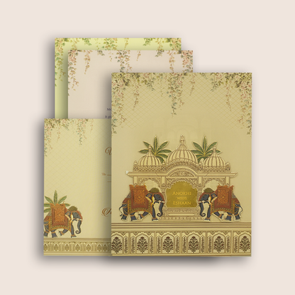 Beige Jharokha Elephant Padded Marriage Card - KJTS3685