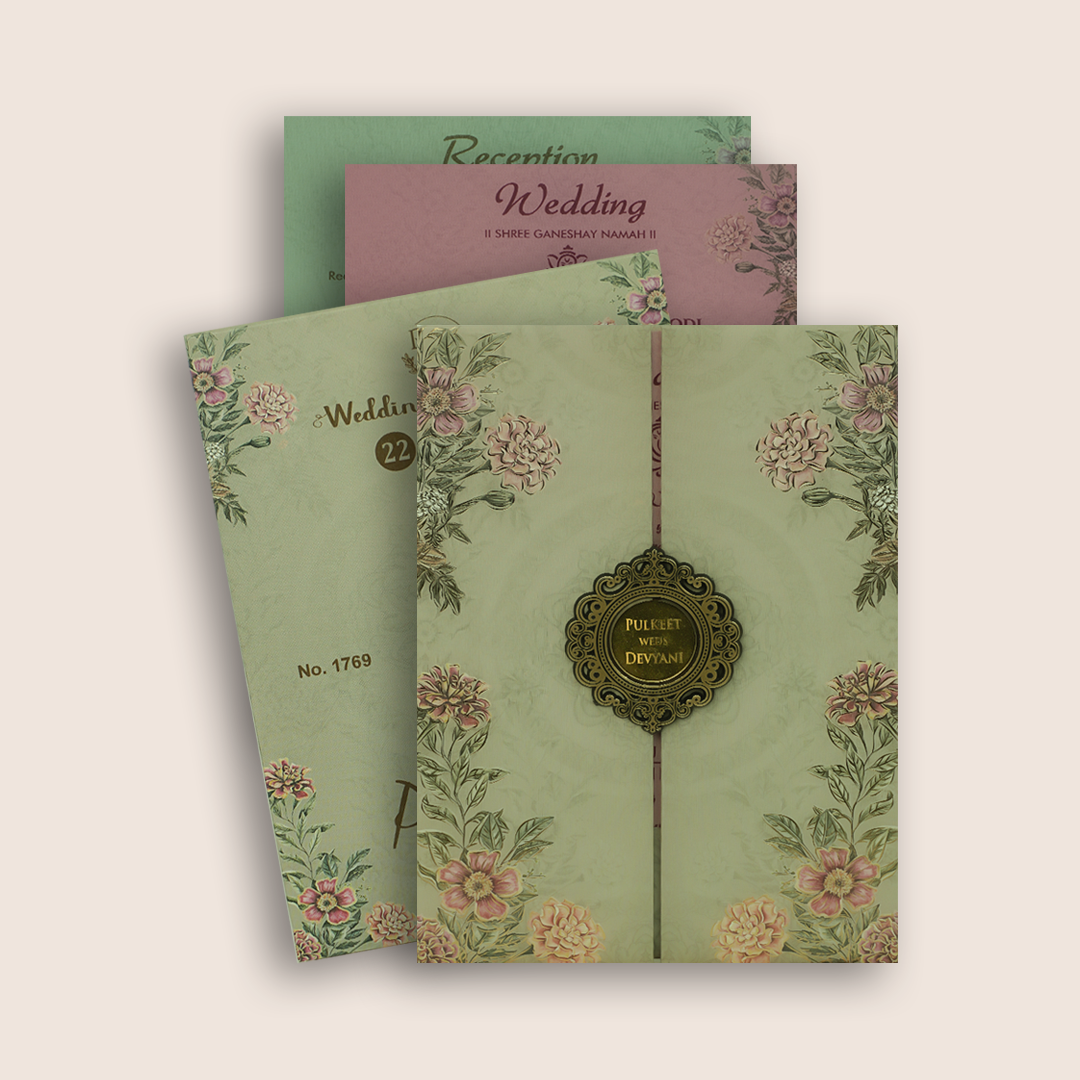 Pale Green Floral Door Style Padded Invitation Card - KJTS1769