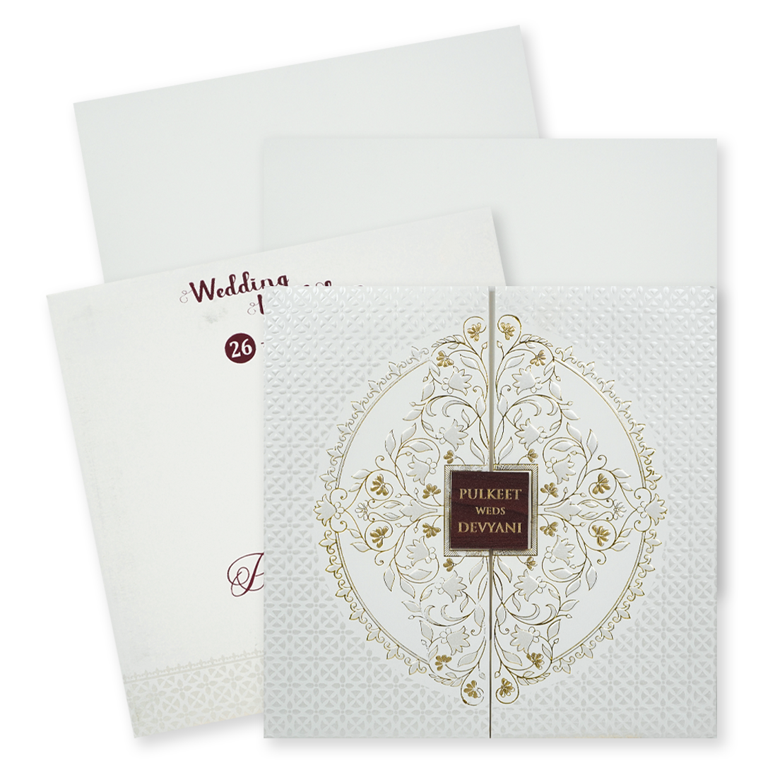White Embossed Gold Door Padded Wedding Card-KJTS1855