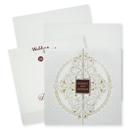White Embossed Gold Door Padded Wedding Card-KJTS1855