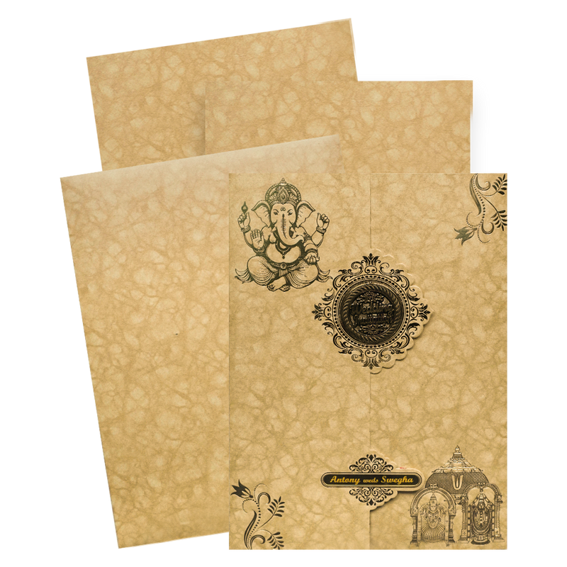 Gold Door Style Floral Ganesha Wedding Card-KNM2901B.