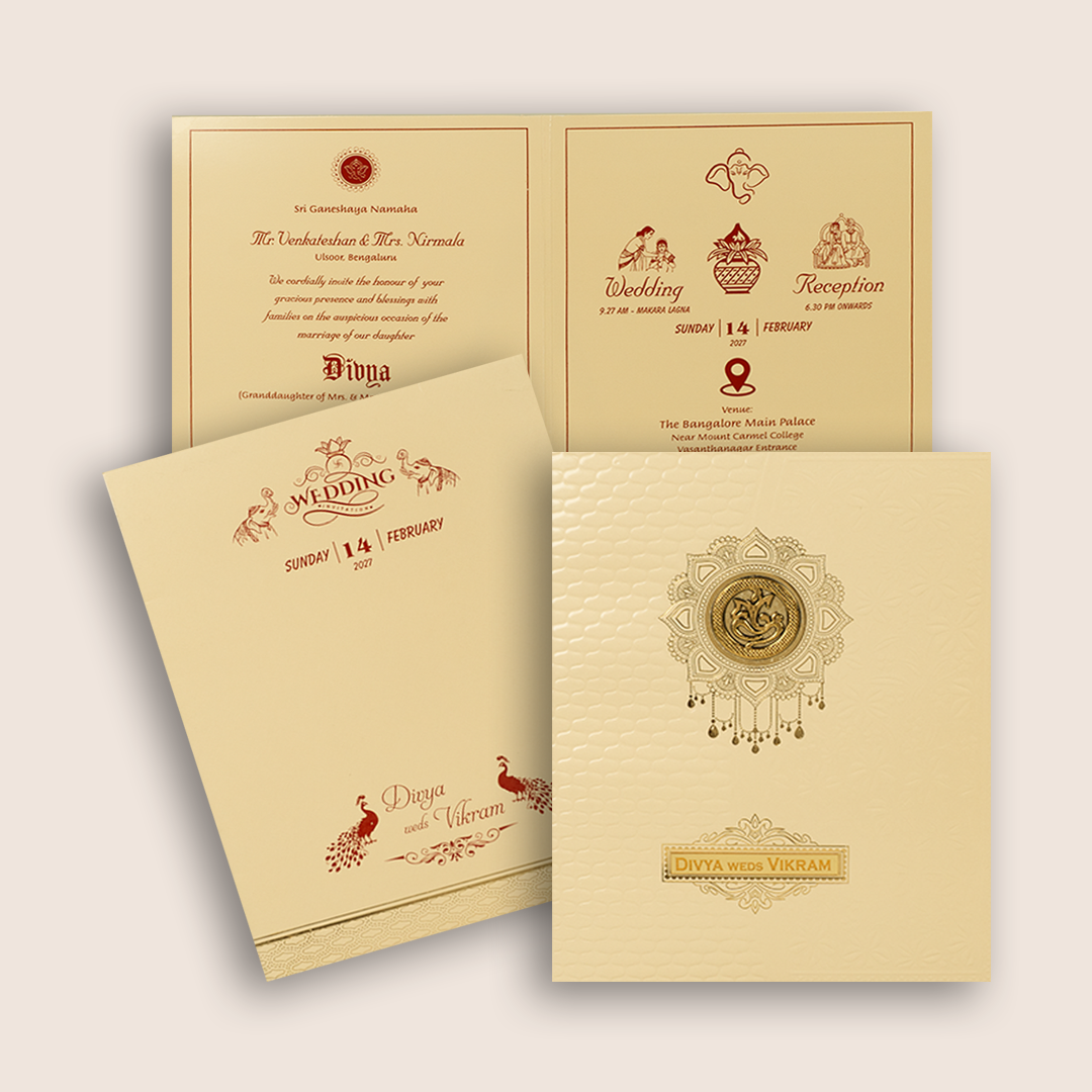 Cream Embossed Ganesha Invitation card-KNK4204C
