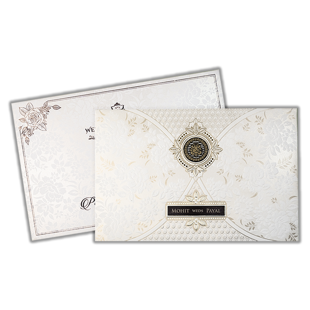 White Ganesha Floral Padded Wedding Card-KSH73530