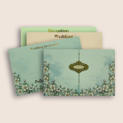 Blue Embossed Floral Door Style Padded Wedding Card - KJTS1829