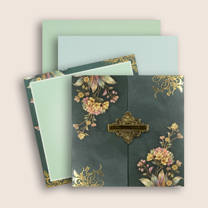 Green Floral Door Style Padded Wedding Card - KNAM4903