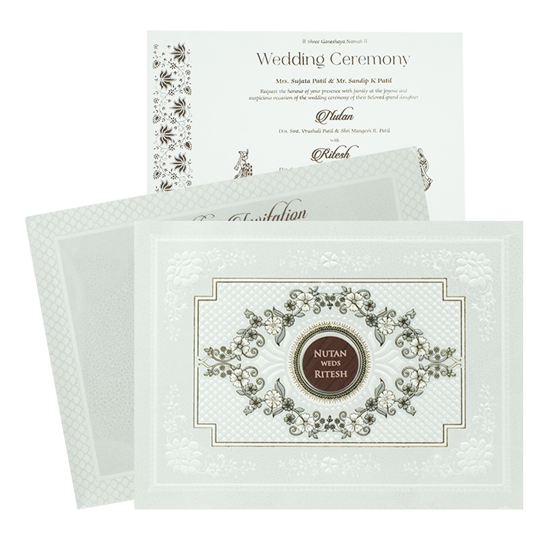 White Floral Embossed Medallion Wedding Card -KRE28610