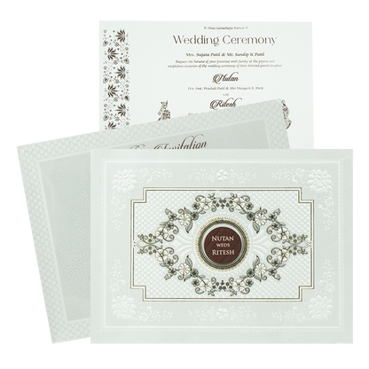 White Floral Embossed Medallion Wedding Card -KRE28610
