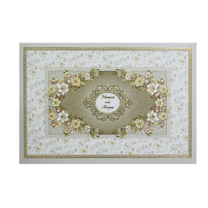 Grey Floral Frame Padded Wedding Card -KMMWD1142