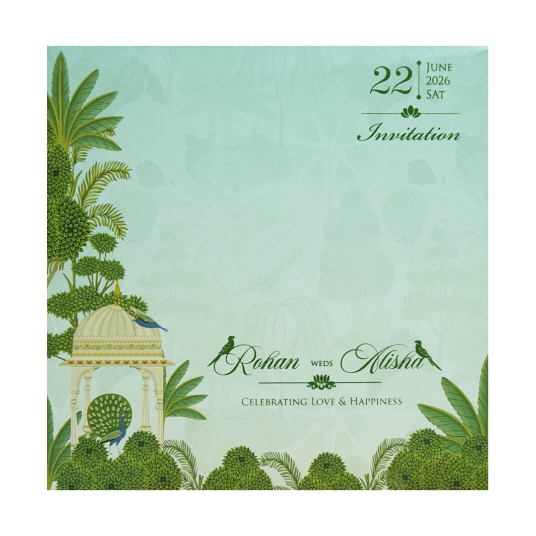 Mint Green Palace Peacock Wedding Card-KFR15350