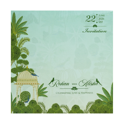 Mint Green Palace Peacock Wedding Card-KFR15350