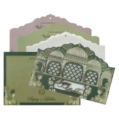 Royal Green Palace Cutout Wedding Card-KRE27310