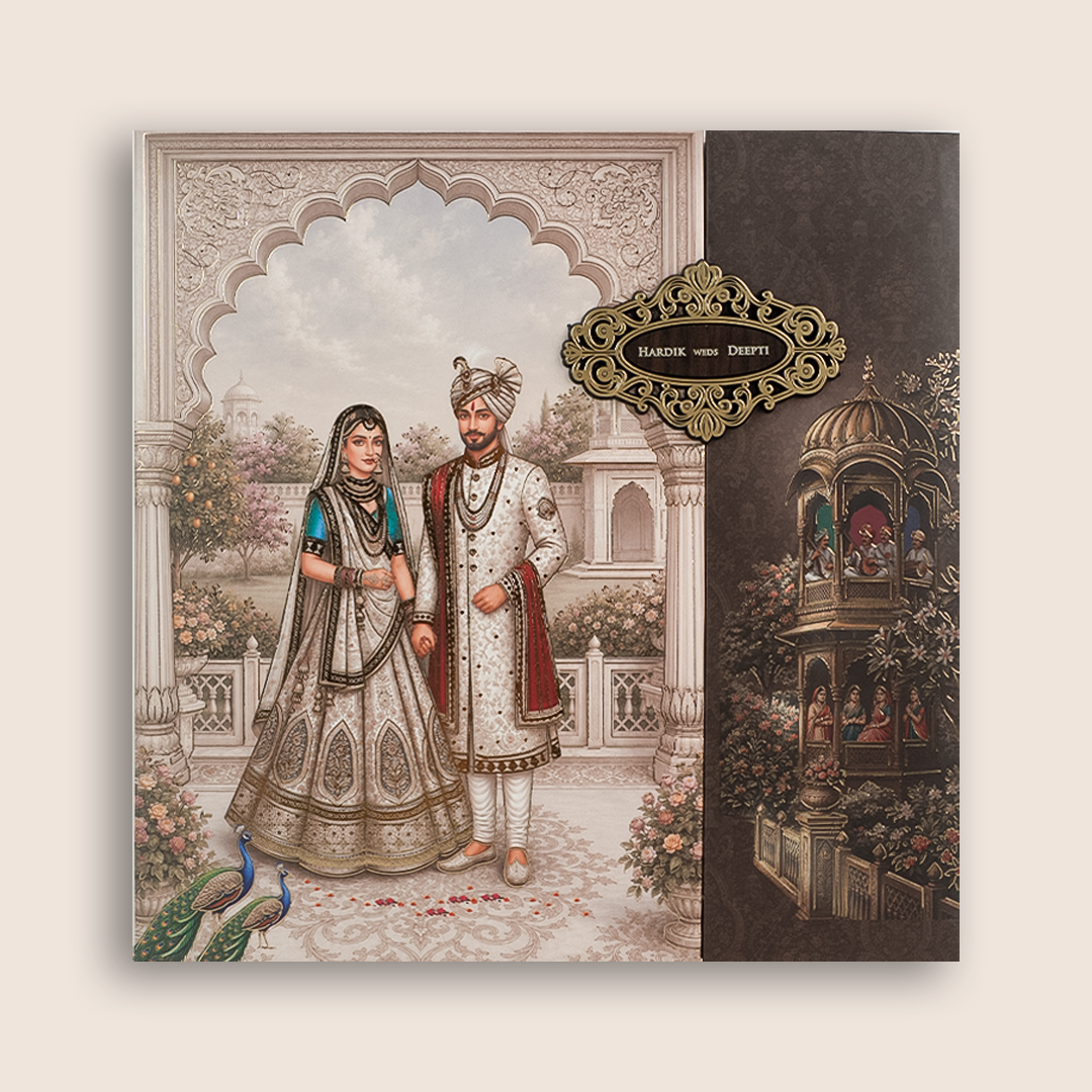 Grey Royal Bride Groom Door Style Padded Wedding Card - KSH18750