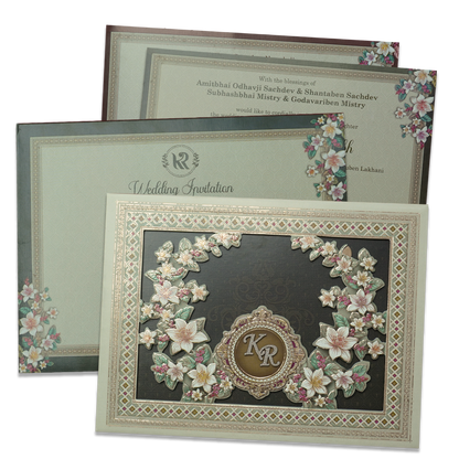 Green Floral Monogram Padded Wedding Card - KSI64120