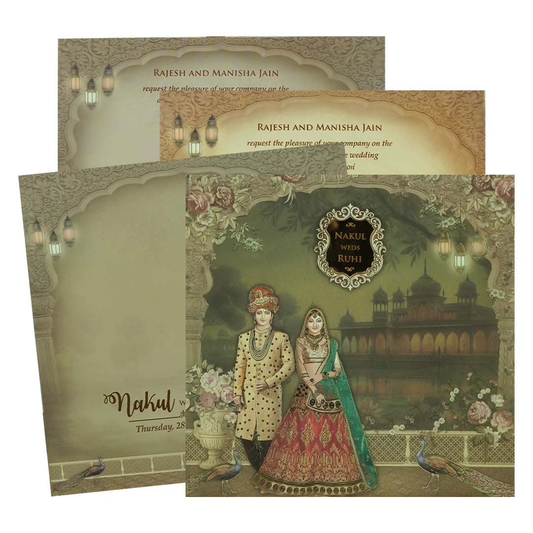 Green Royal Couple Palace Padded Wedding card-KRE27910