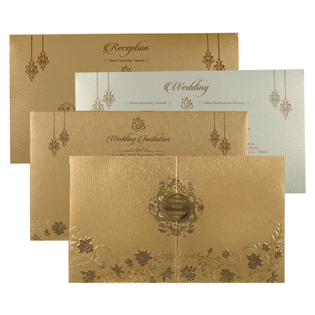 Gold Floral Door Style Padded Wedding Card-KRB09320