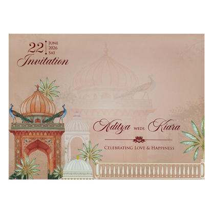 Peach Palace Elephant Baraat Wedding Card-KFR16060