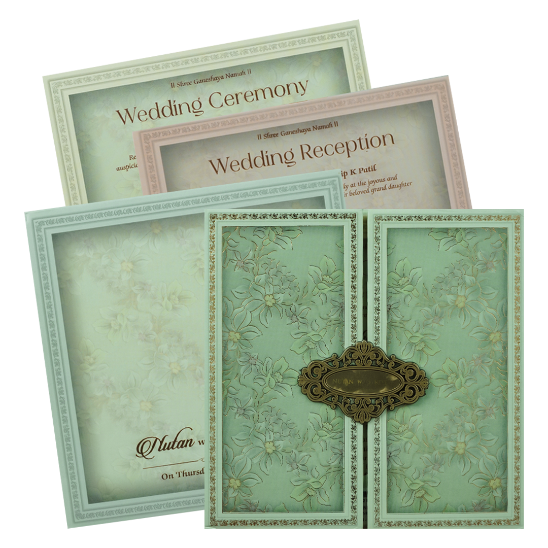 Mint Green Gold Floral Padded Wedding Card-KRE28050