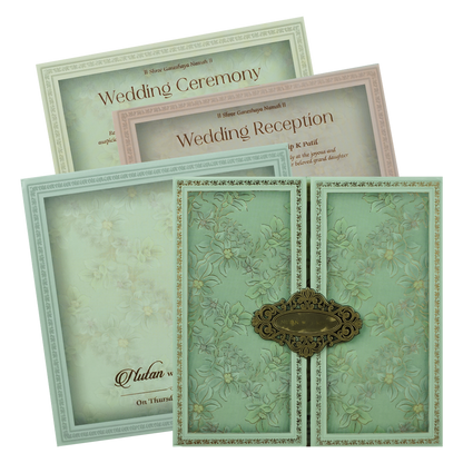 Mint Green Gold Floral Padded Wedding Card-KRE28050