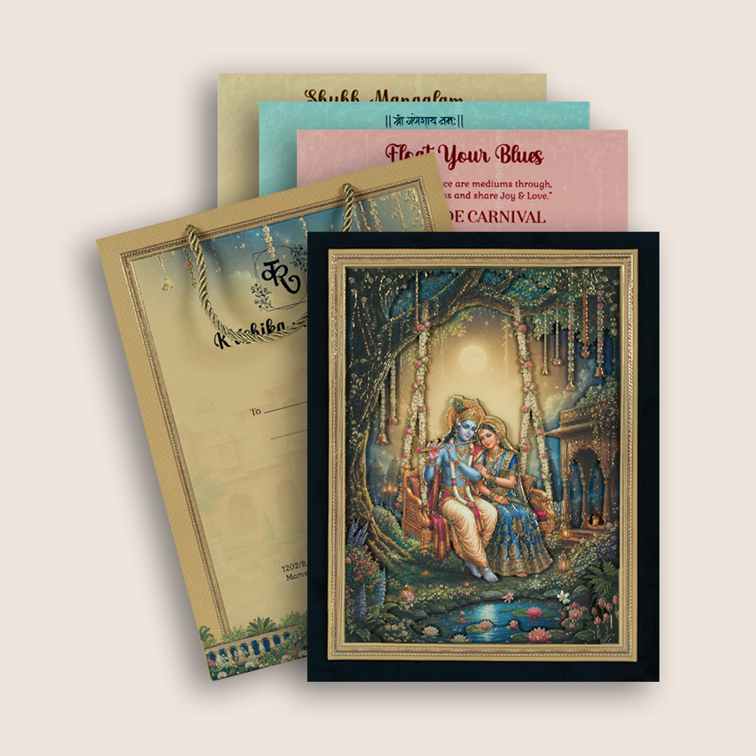 Blue Velvet Lord Radha Krishna Luxury Box Invitation - KSI33280