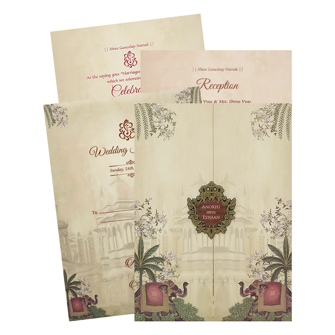 Cream Palace Elephant Wedding Card-KJTS3652